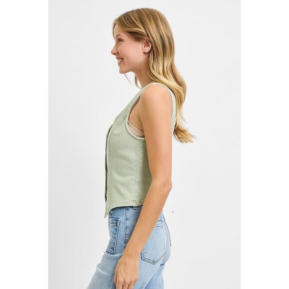 RISEN V-Neckline Button Closure Sleeveless Stretch Casual Denim Vest | Pistachio - Picture 5 of 7